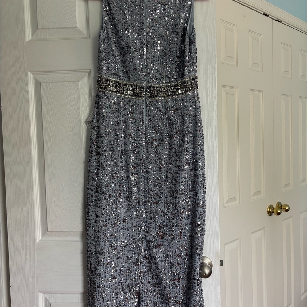 Mac Duggal Silver Sequin Halter Prom Gown